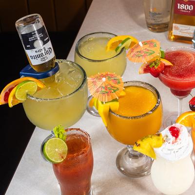 Various drinks on the table.