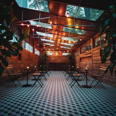 Restaurant interior, seating area.