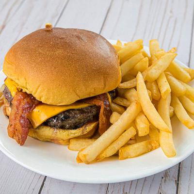Bacon cheeseburger and fries.