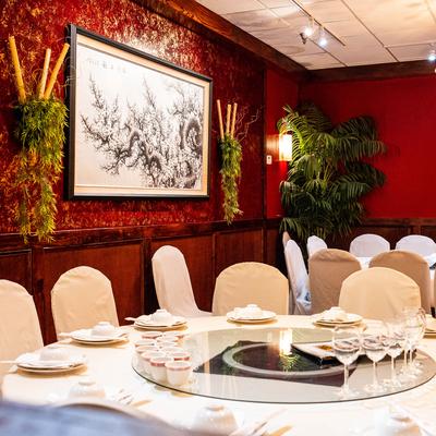 Interior, dining table, painting on the wall