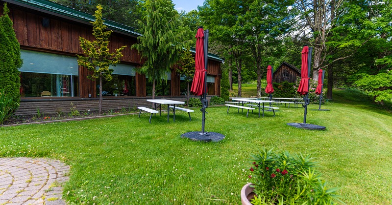 Outdoor seating area, tables with benches, red parasols