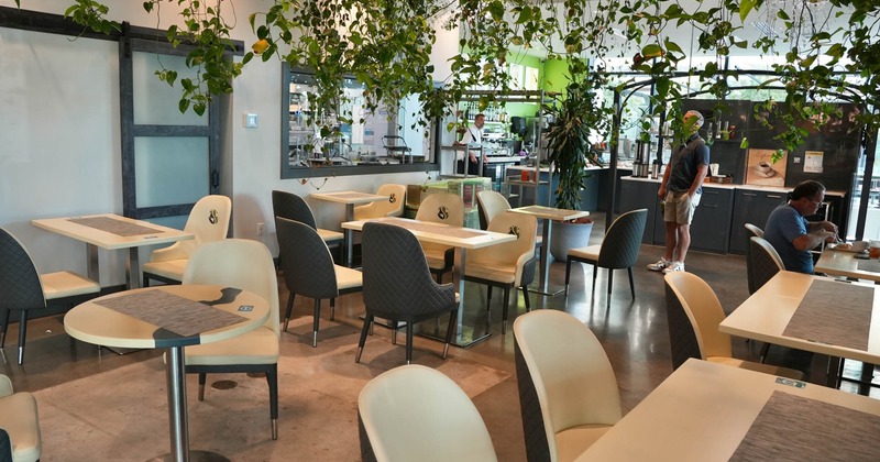 Modern cafe interior with tables, chairs, and hanging plants from the ceiling