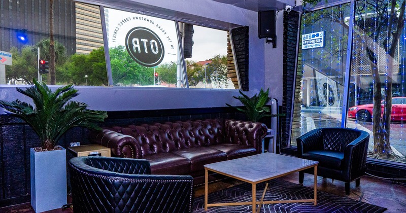 Interior, two leather sofas with table