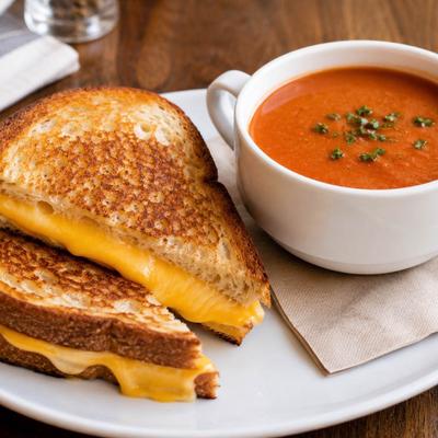 Toasted grilled cheese sandwich cut in half, paired with a bowl of tomato soup.