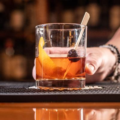 Glass of Old Fashioned.