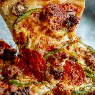 Pizza slice being lifted from the whole pizza, close-up.