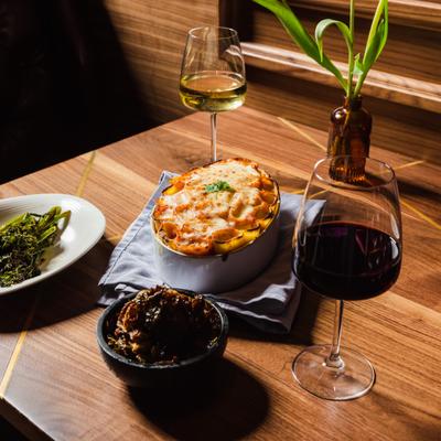 French onion soup, with sides and wine