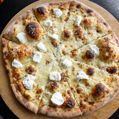 White Pizza with mozzarella, parmesan, and ricotta cheese.