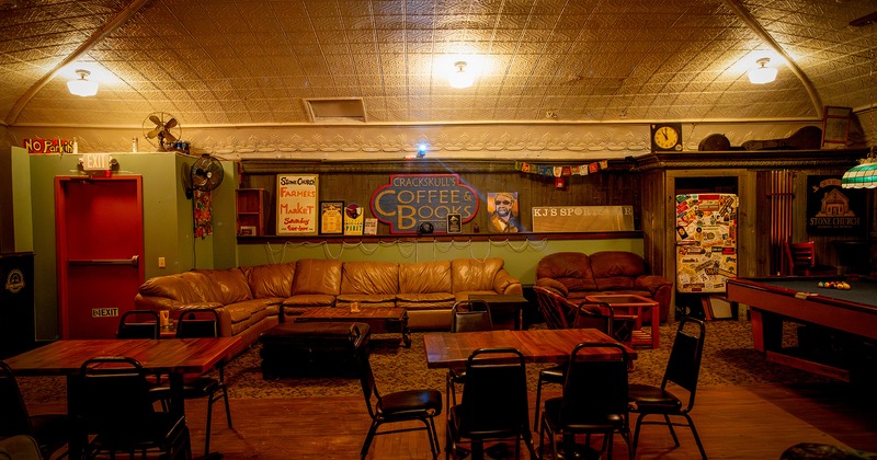 Interior seating area, cozy lounge seating, pool table