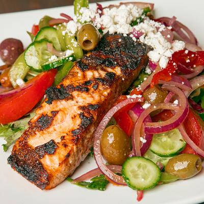 Mediterranean Salad with blackened salmon.