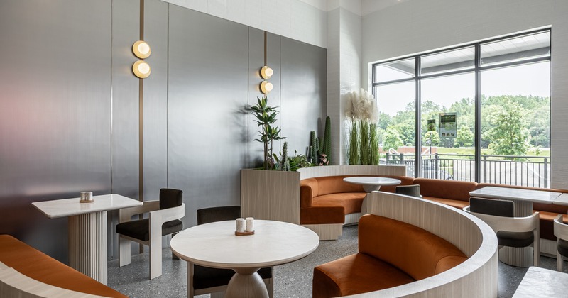 Diner area, booths, chairs, round tables, decorated wals, plants