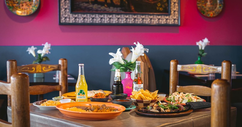 Diner table with dishes and drinks