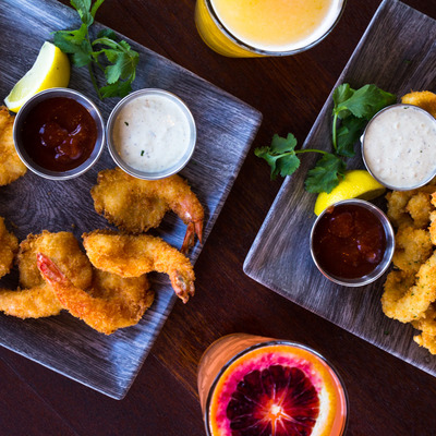 Fried shrimp and cocktails top view