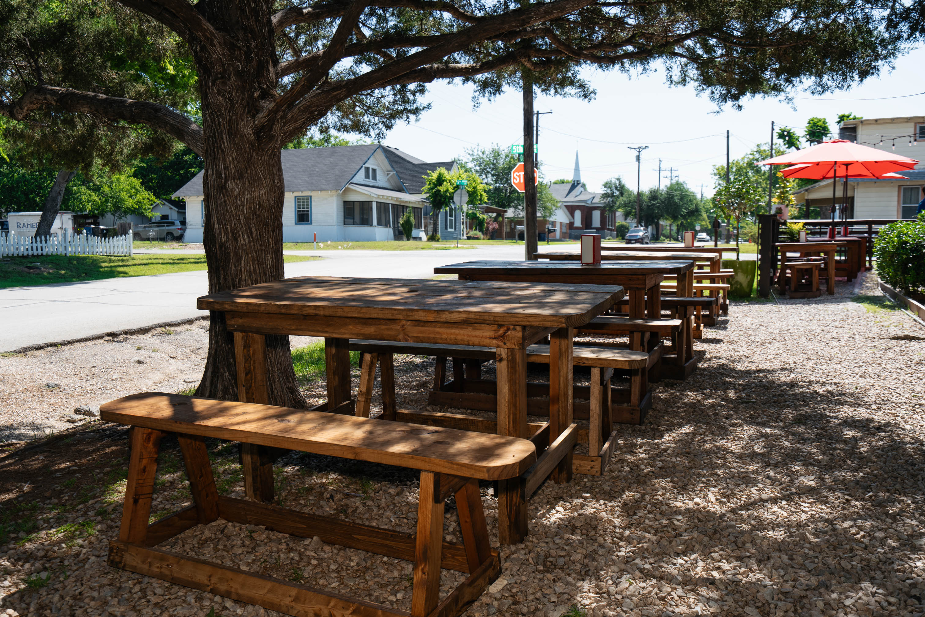 Picnic tables under the tree