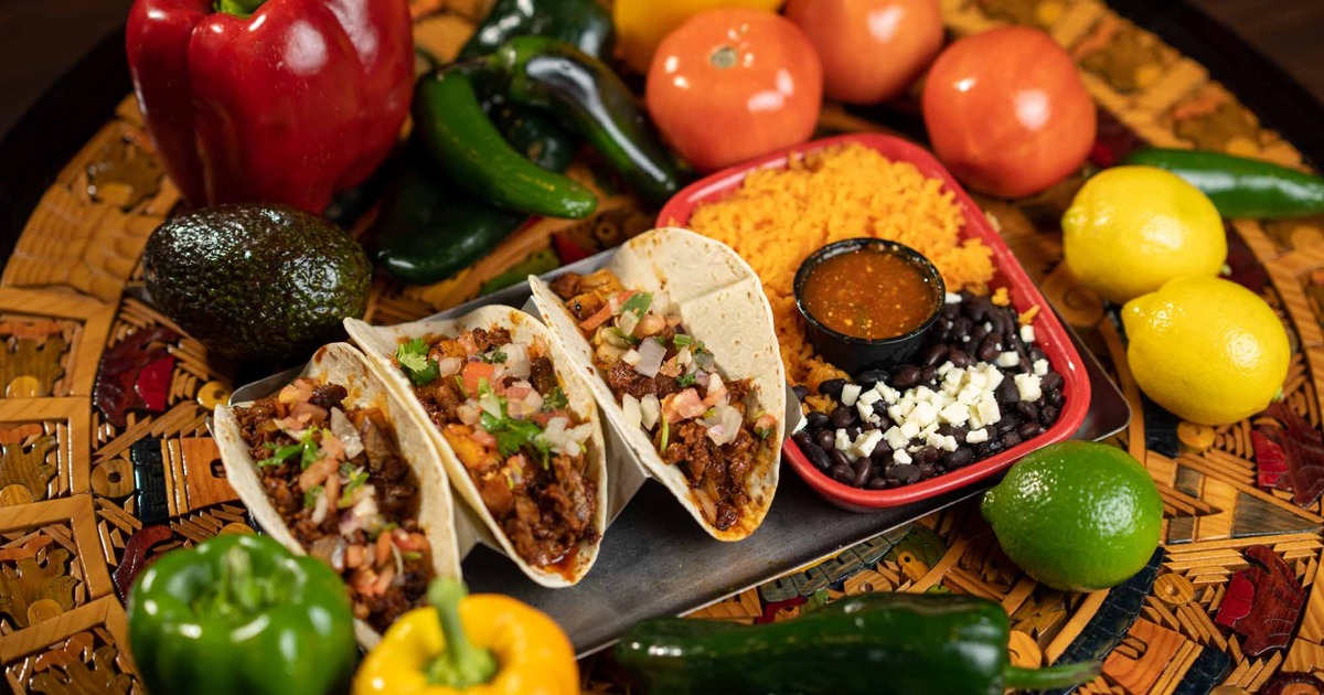 Steak tacos with salsa rice and black beans on the side
