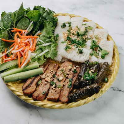 Rice vermicelli served with grilled pork and wrapped beef.