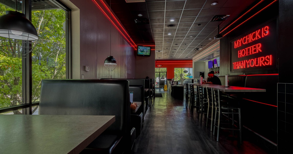 Restaurant interior, booths by the windows