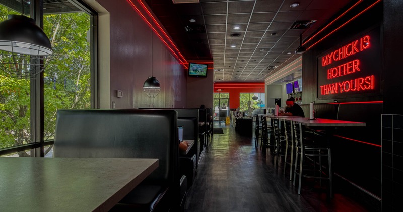 Restaurant interior, booths by the windows