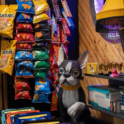 Interior, pilot games, decorations and snacks.