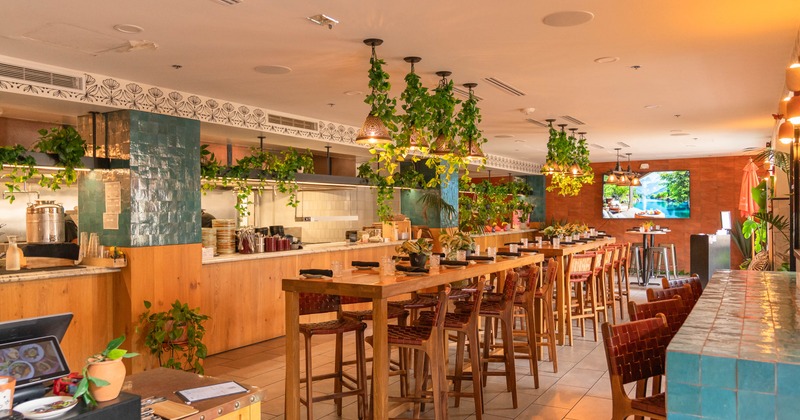 Interior, dining area, high seating community tables for ten, ready for guests