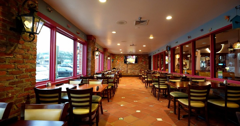 Interior, lined up tables for four