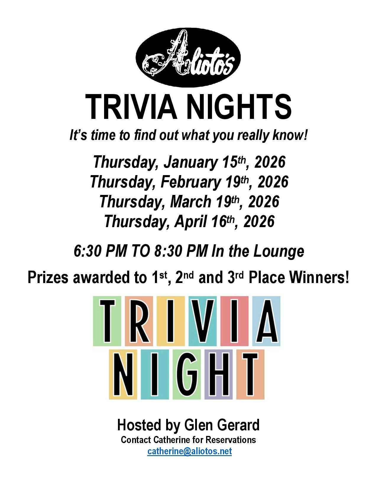 Trivia Nights - January 15th, February 19th, March 19th, and April 16th, 6:30 PM to 8:30 PM