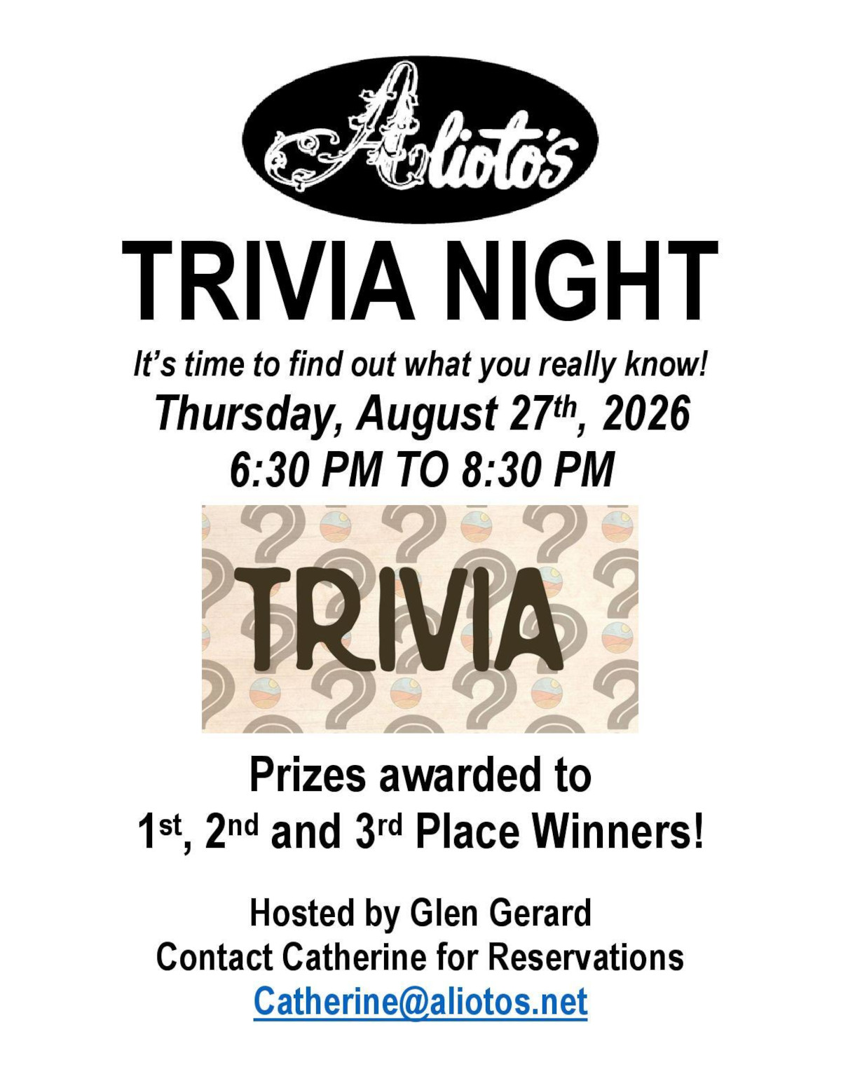 Trivia Night, Thursday, August 27th, 2026