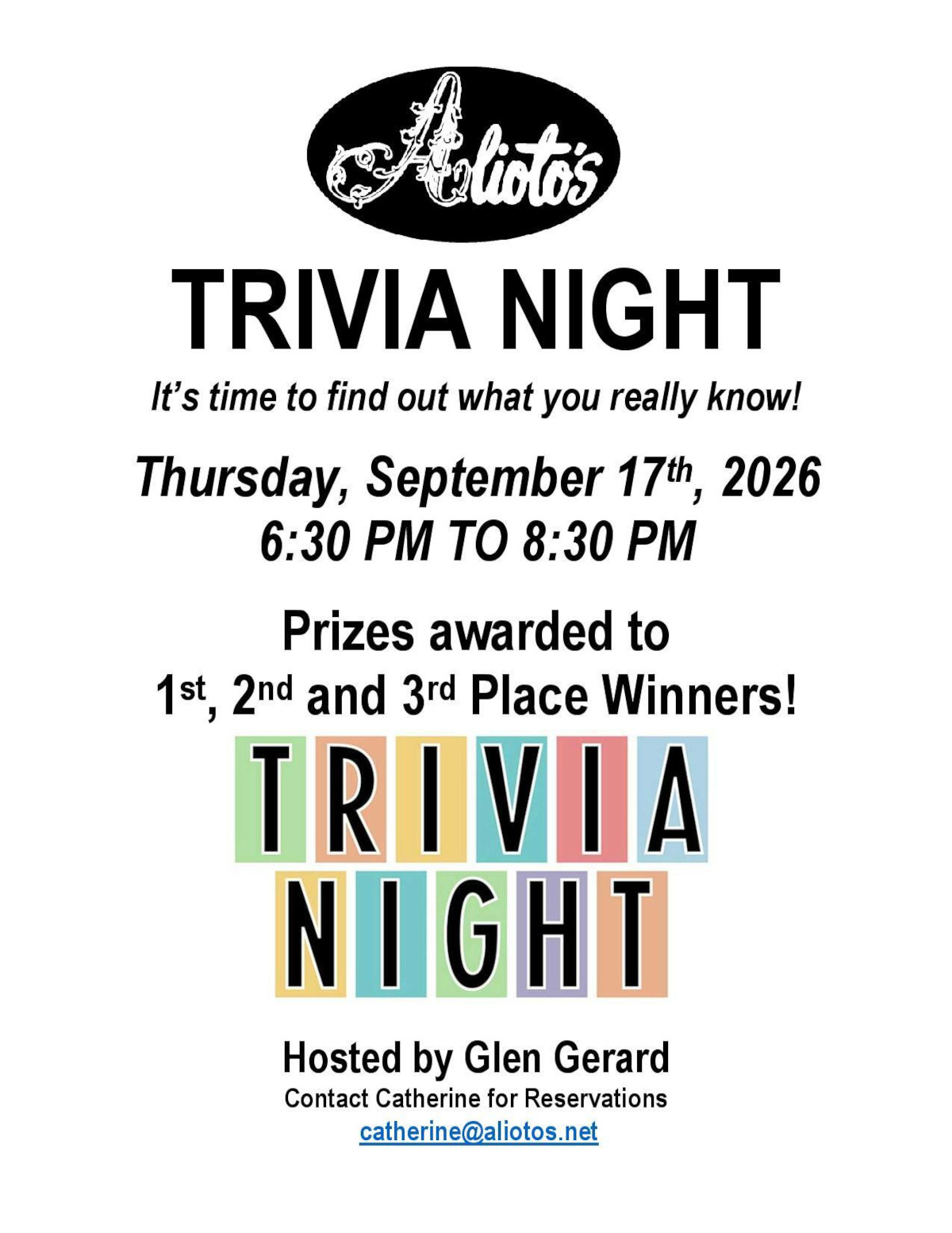 Trivia Night, Thursday, September 17th, 2026