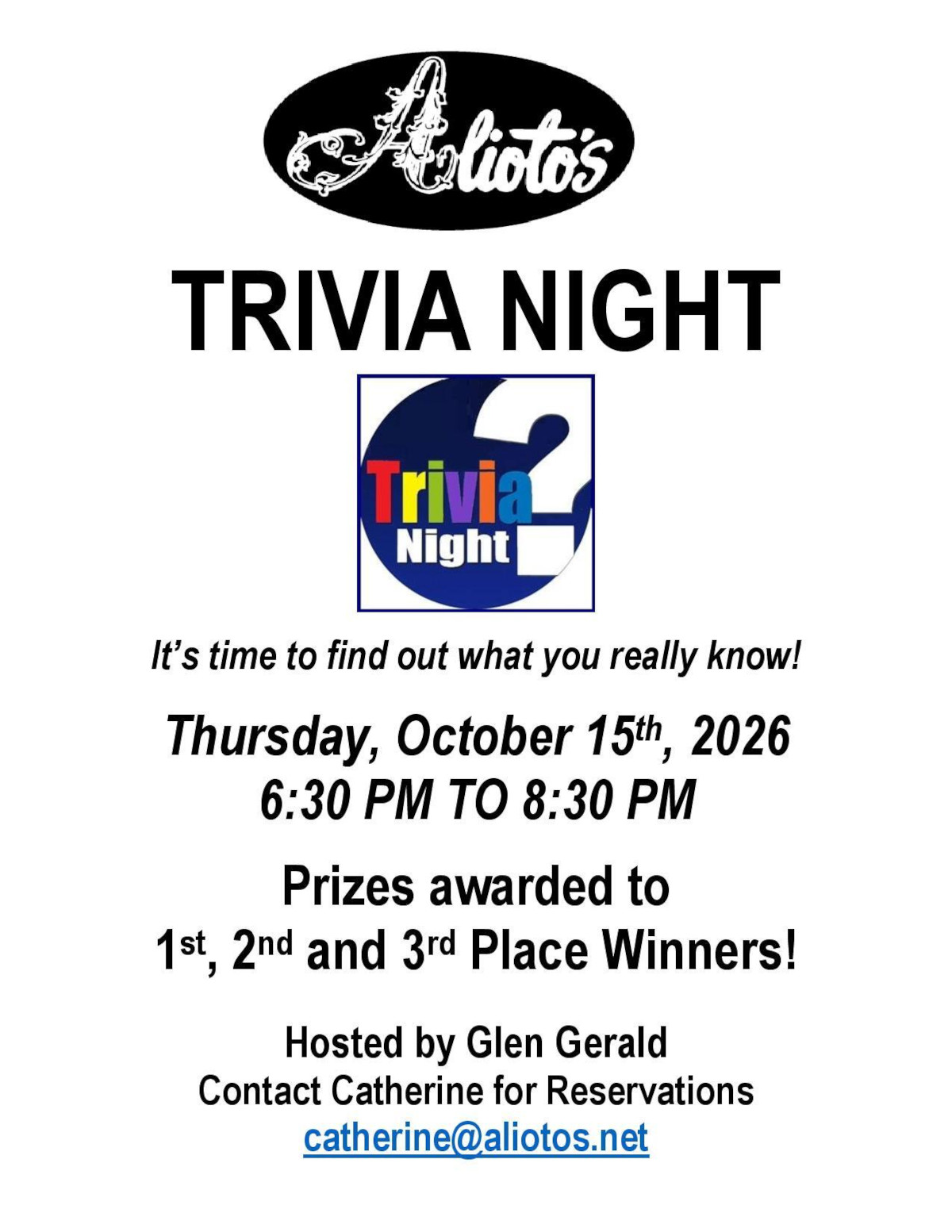 Trivia Night, Thursday, October 15th, 2026