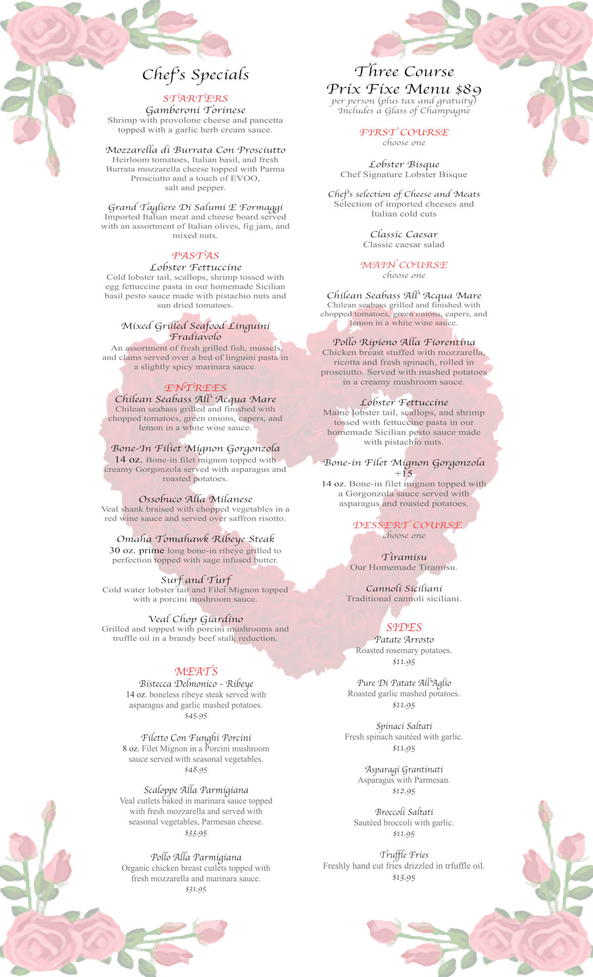 Valentine's day full menu