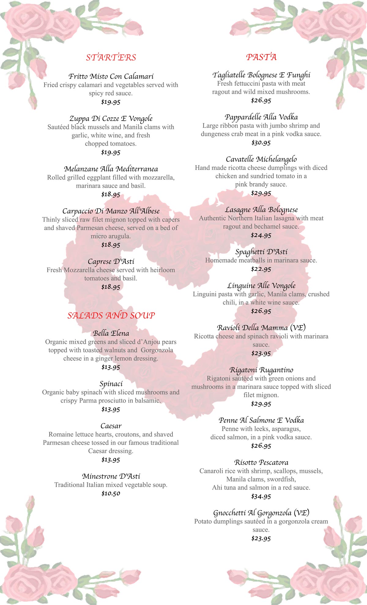 Valentine's day starters and pasta menu