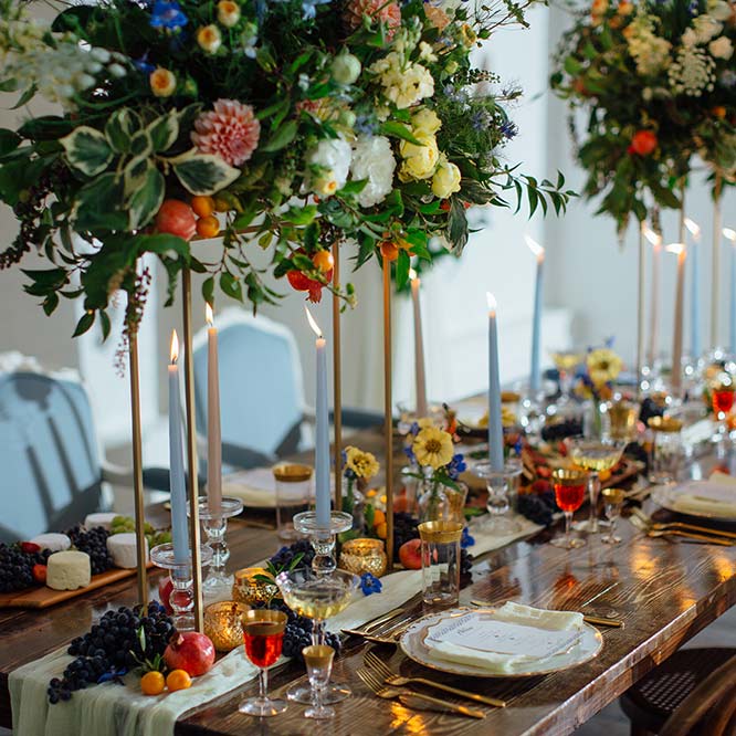 Table set with tableware and decorated