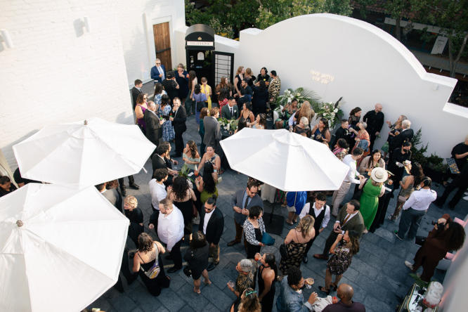Outdoor wedding party space with guests, view from a height

  