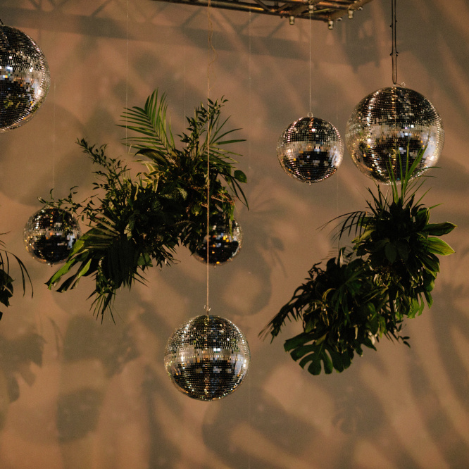 Disco balls hanging from ceiling