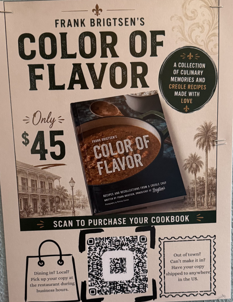 Frank Brigtsen's new cookbook flyer with QR code