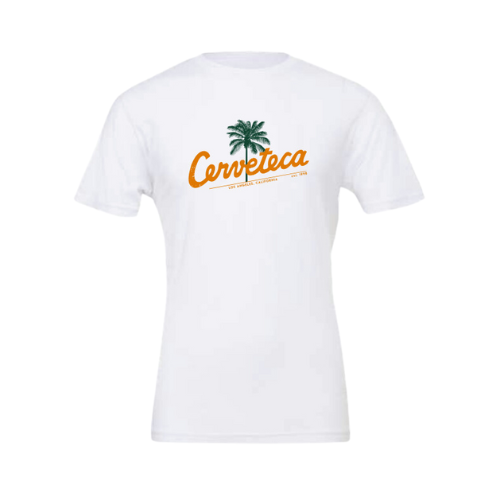 a white shirt with orange Cerveteca logo and palm trees