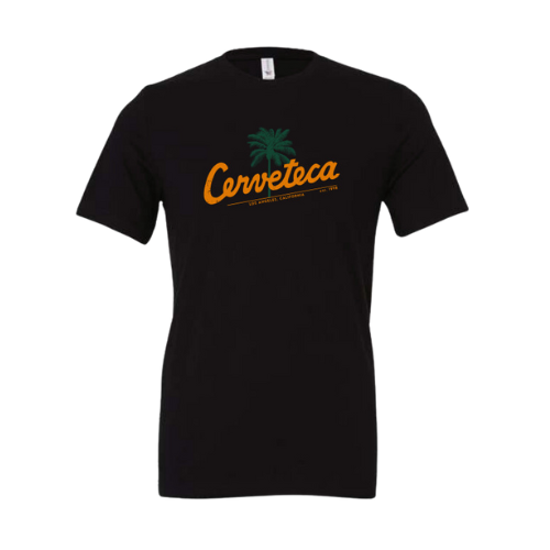 a black shirt with yellow Cerveteca logo on it