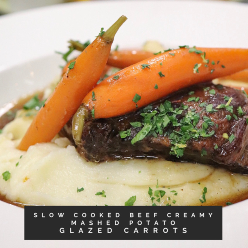 Slow-cooked beef, mashed potatoes and carrots