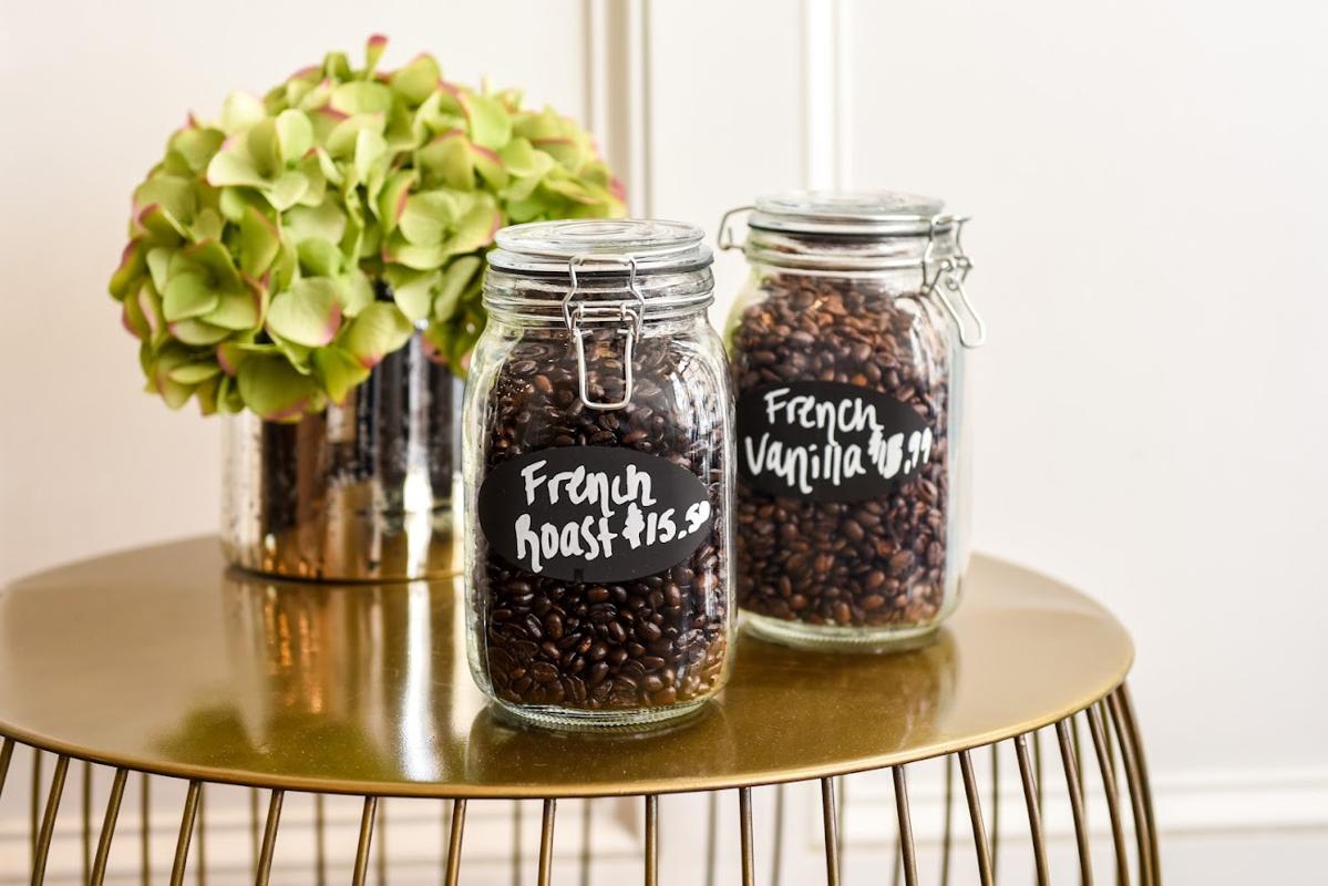 Two jars with French Roast and French Vanilla beans