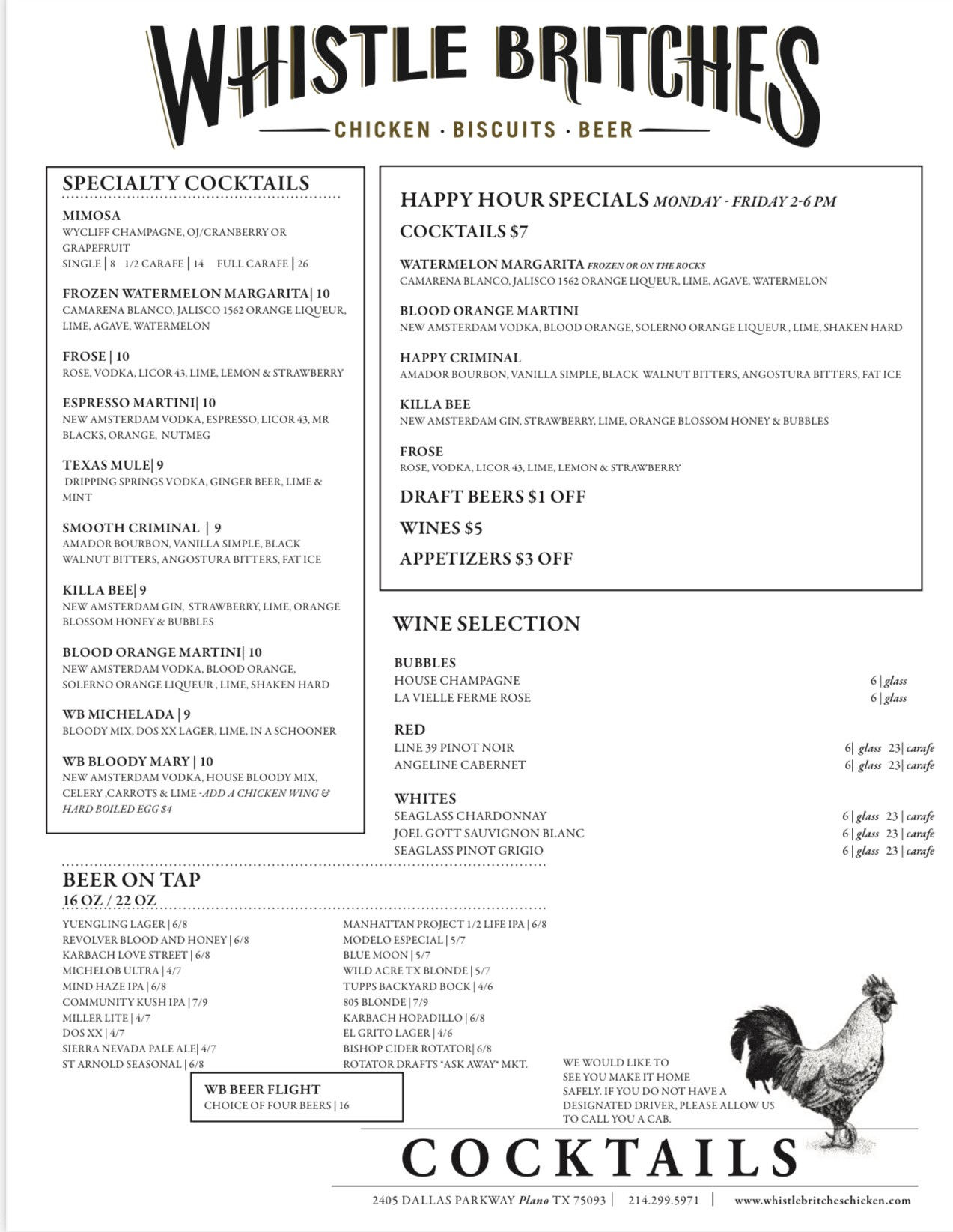 Whistle Britches bar menu