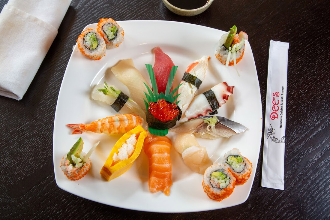 Different types of sushi with decorations