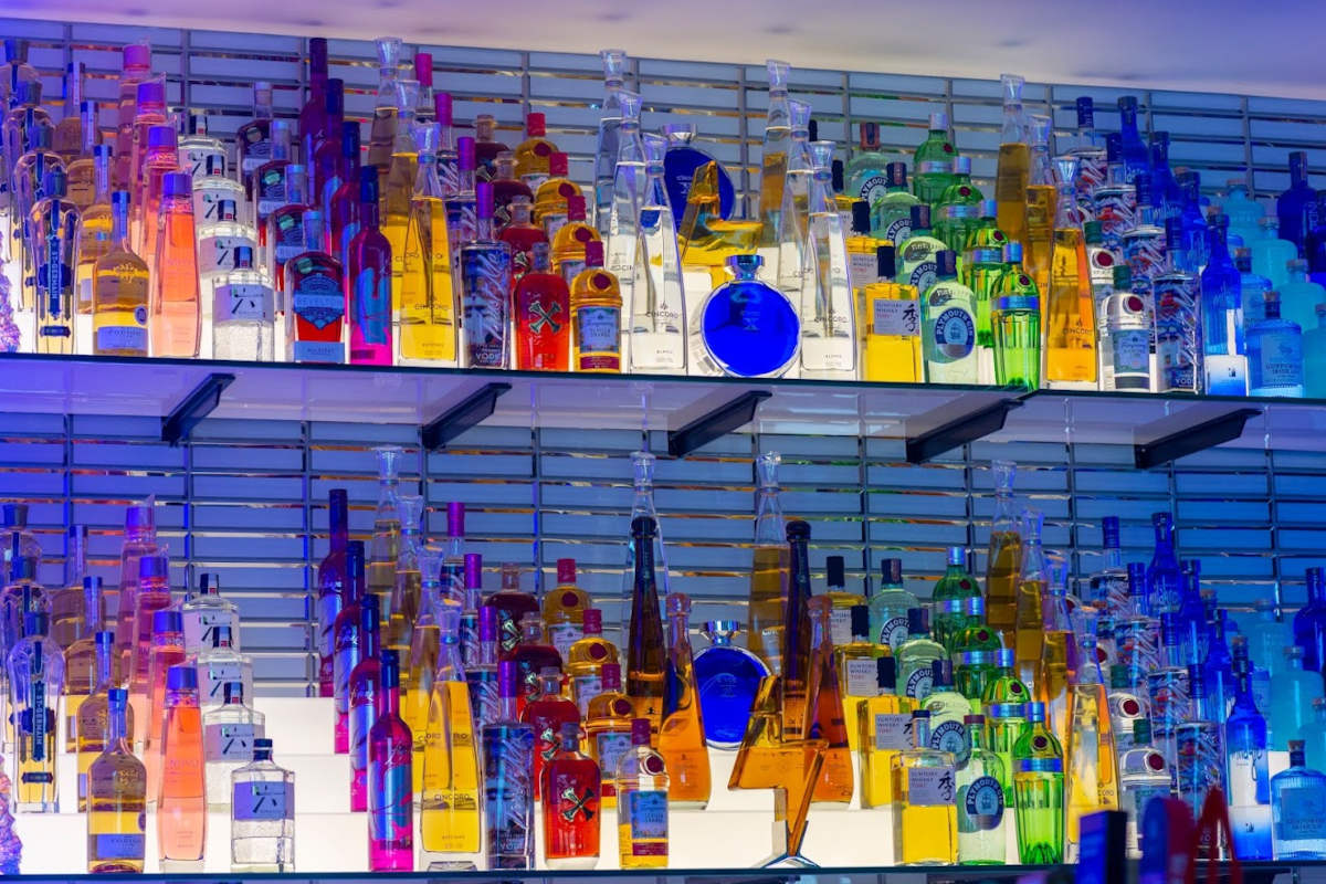 Bar area, bottles lined up