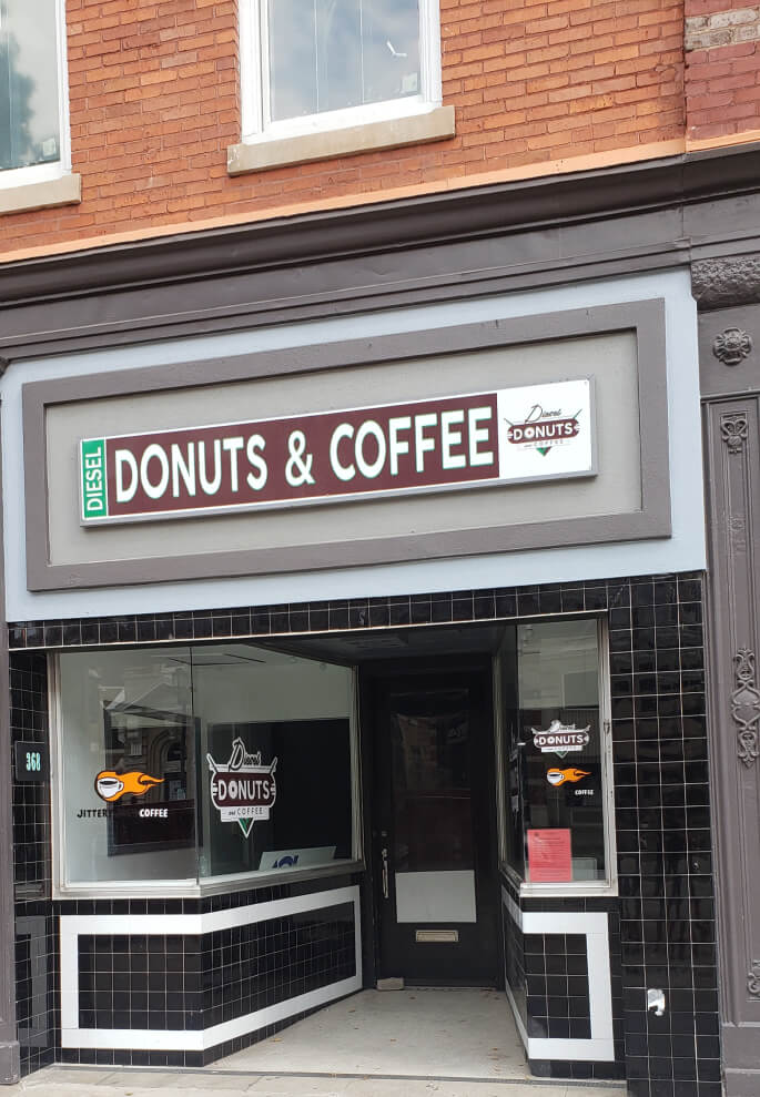 Diesel Donuts & Coffee logo on a building