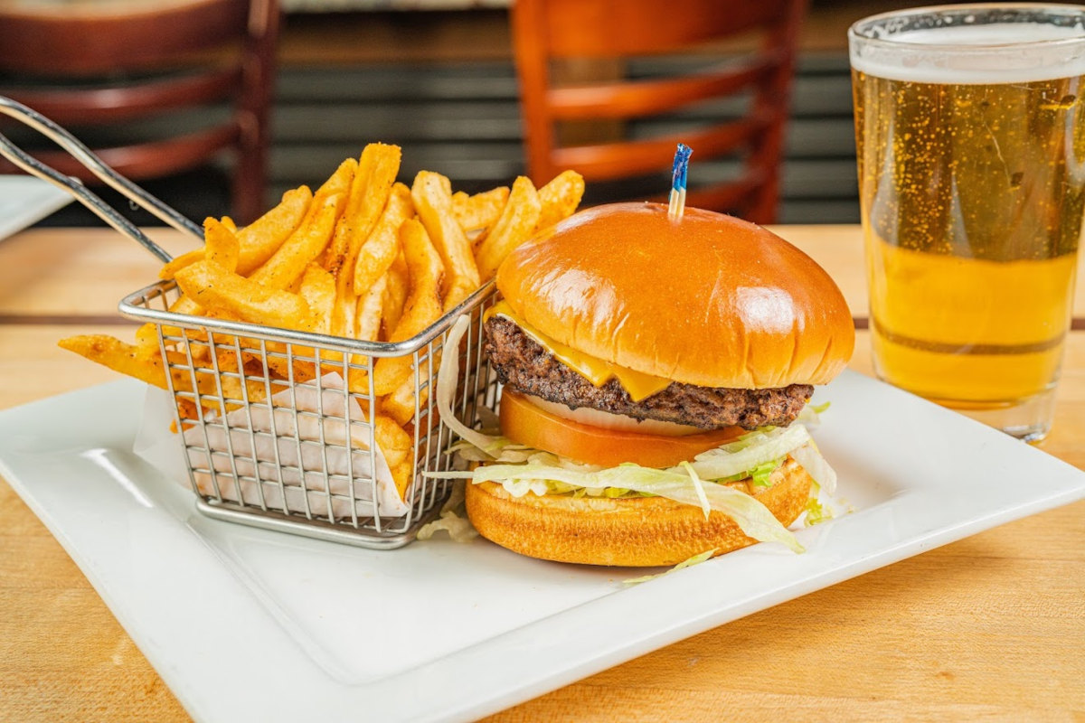 Burger, fries and glass of beer
