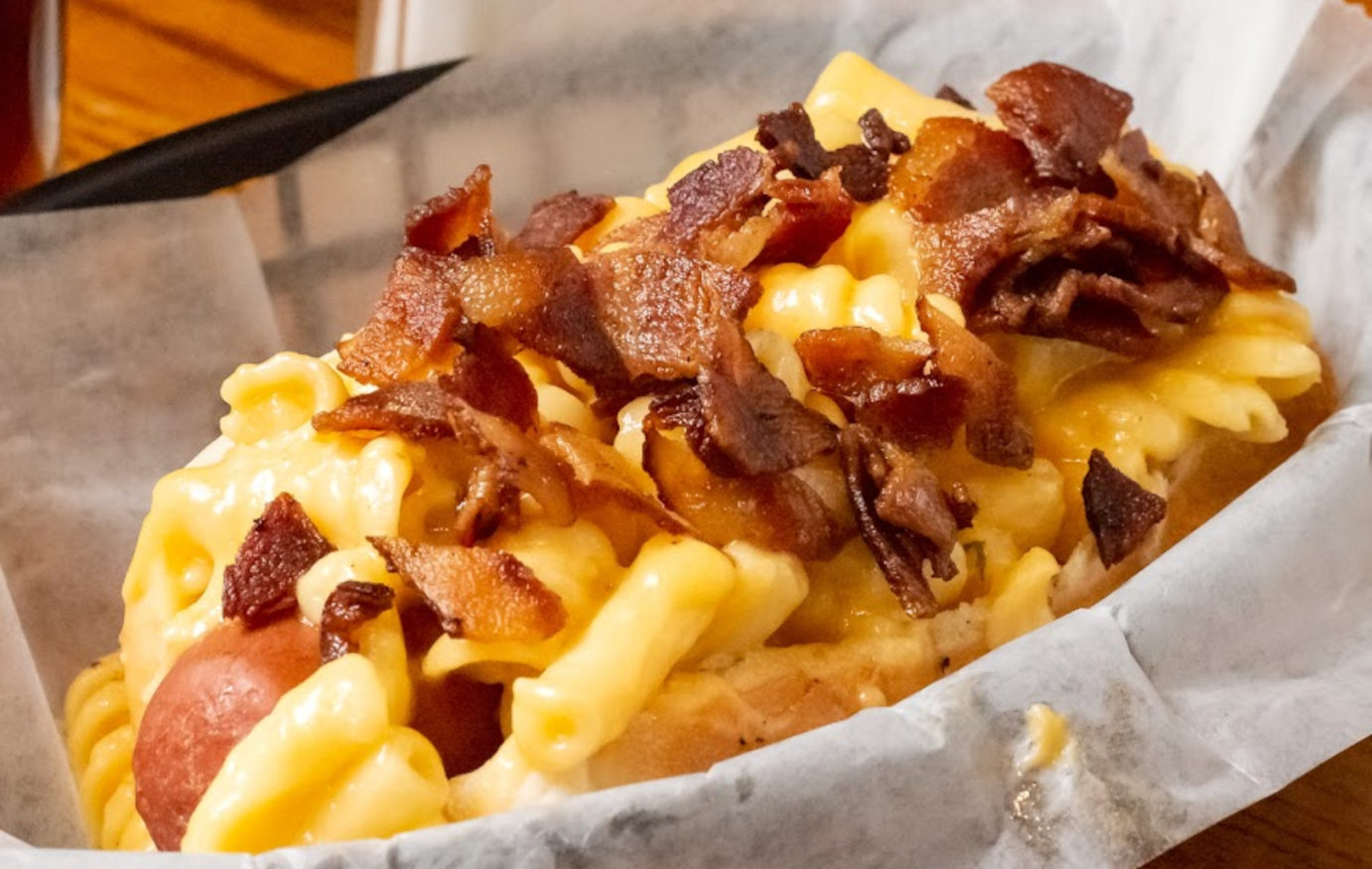 Mac and cheese dog with bacon
