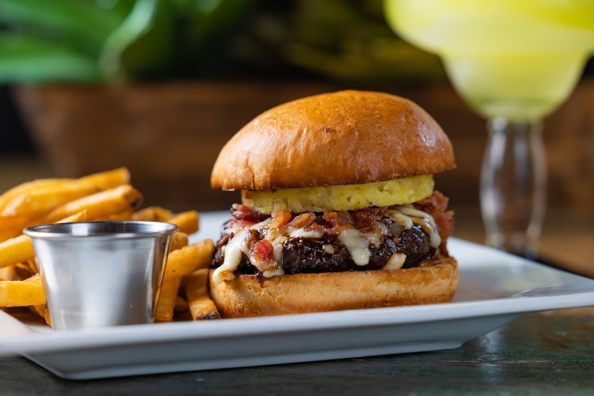 Brioche Bun, Cheese, Grilled Pineapple, Smoked Bacon, Ginger Brussel Sprout Slaw, French Fries