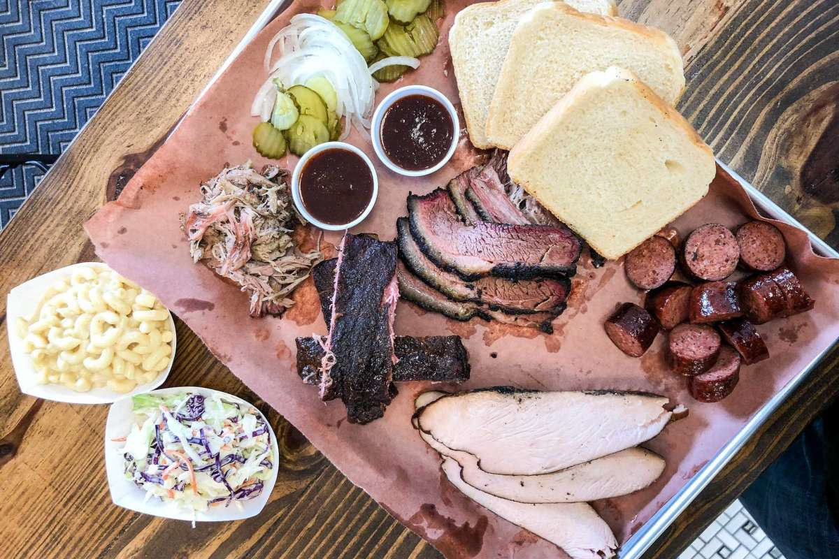 Barbecue tray with brisket, sausage, pulled pork, turkey and pork ribs