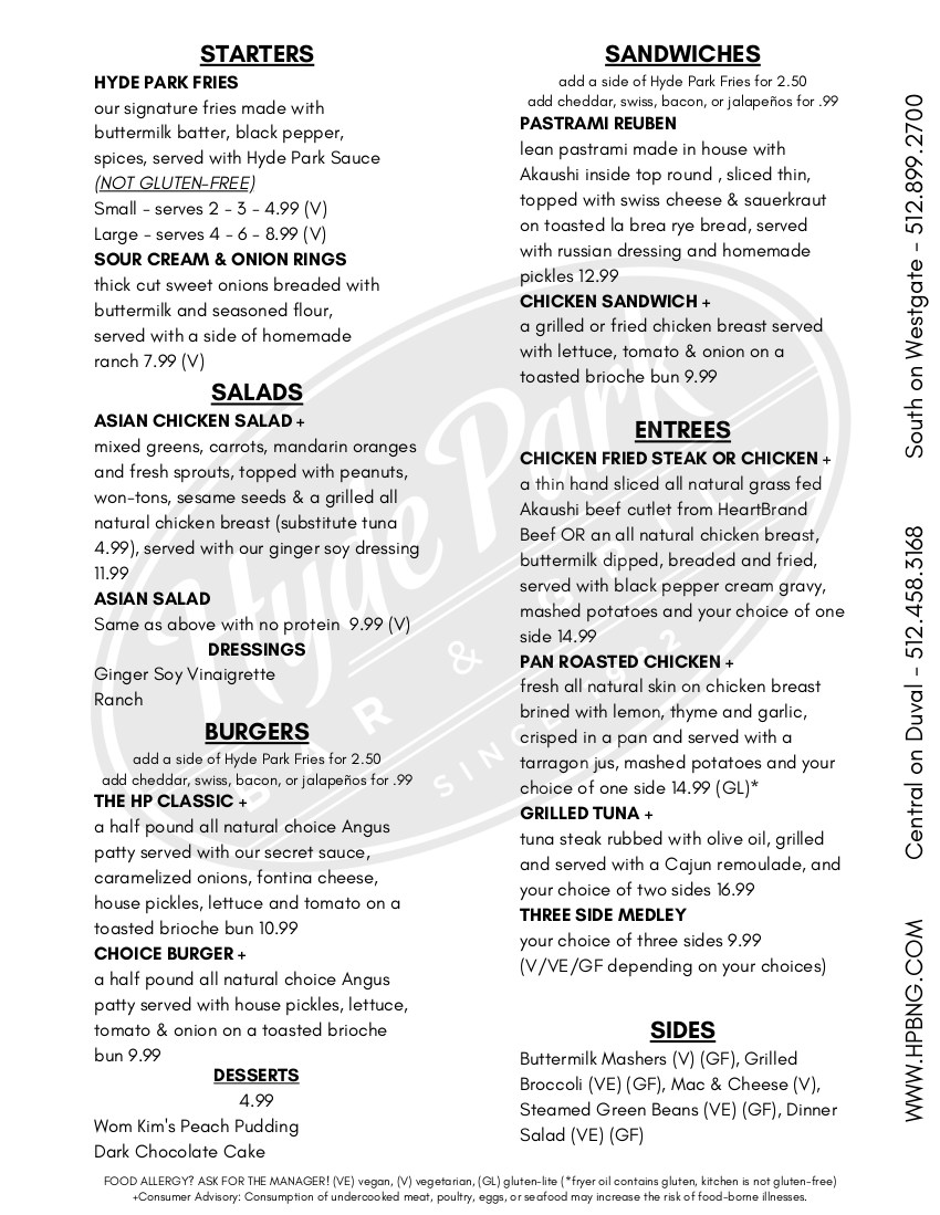 Hyde Park Bar & Grill food menu