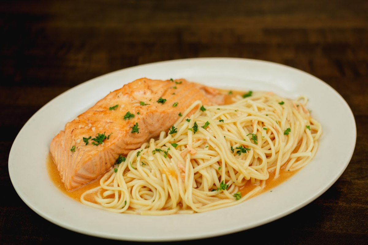 Roasted salmon and pasta