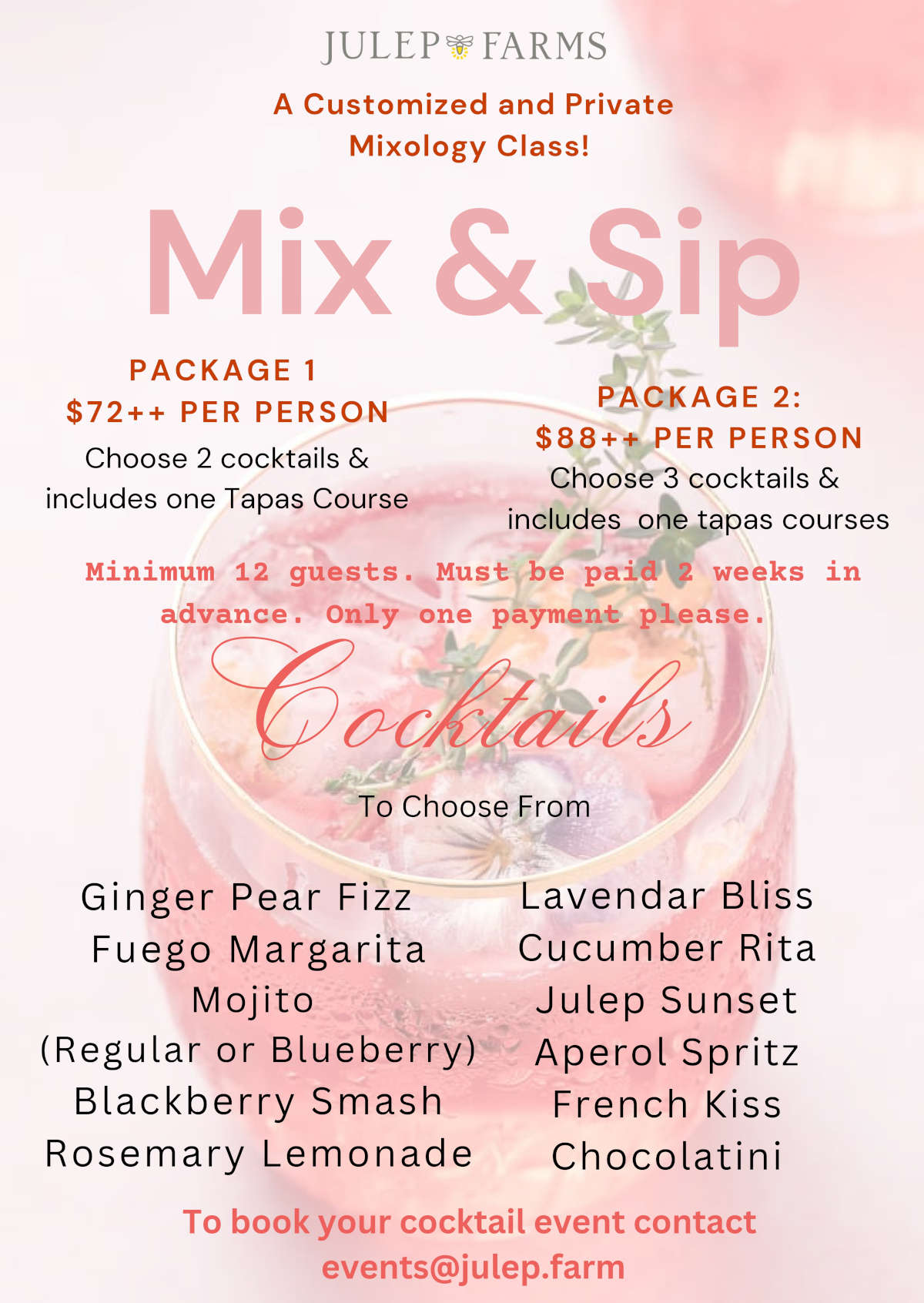 Custom Coctail Classes Menu page 1